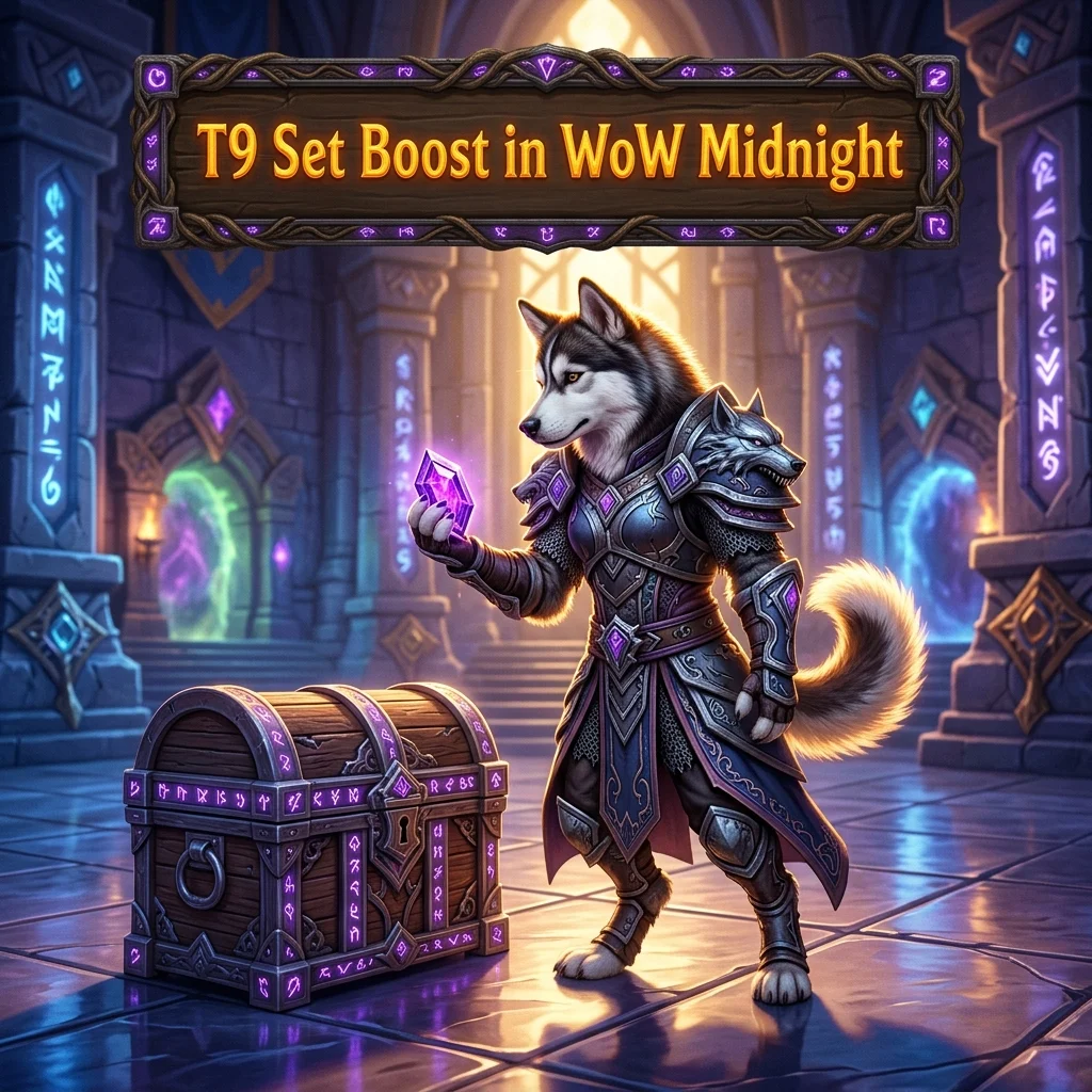 Promotional image for the T9 Set Boost service in WoW Midnight, focused on the T9 set