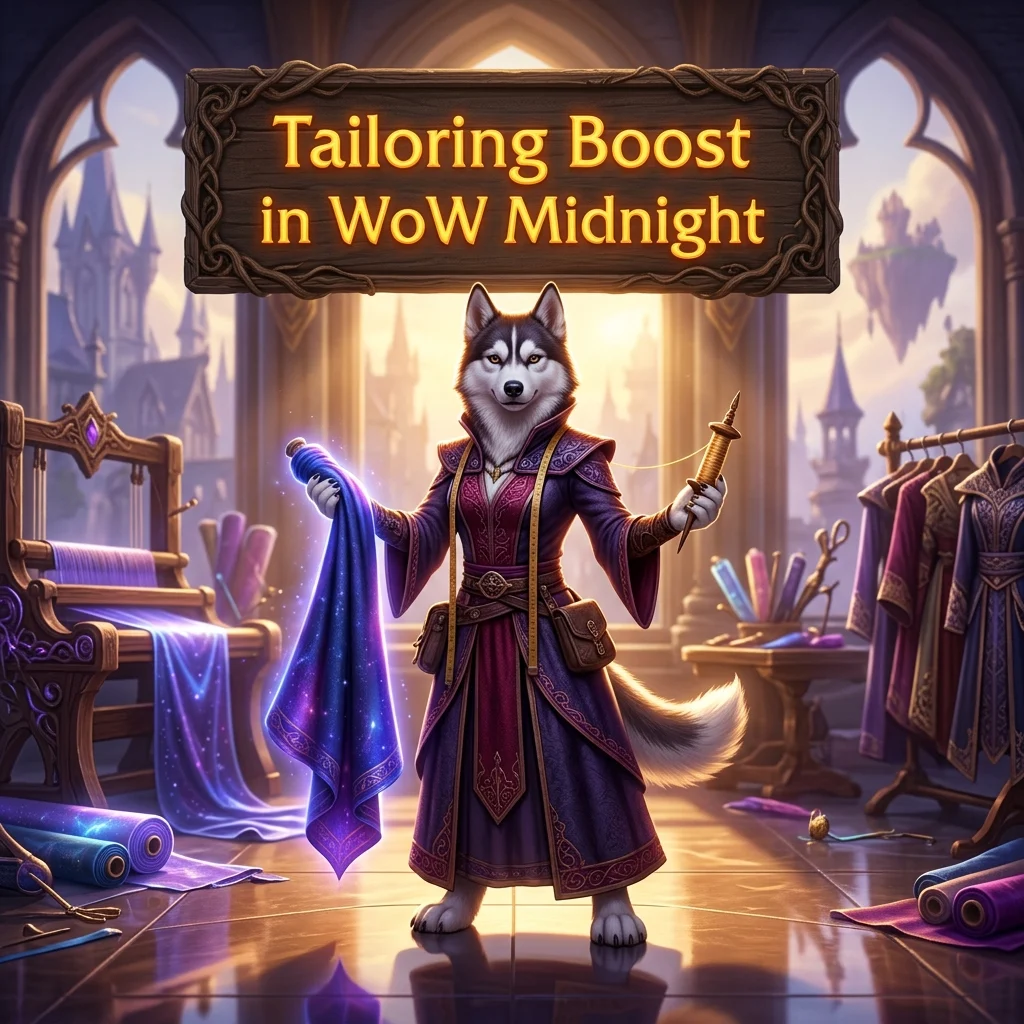 Promotional image representing the Tailoring Boost service in WoW Midnight