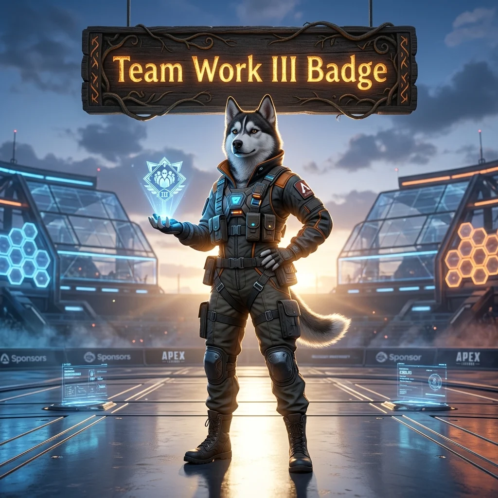 Promotional image for Team Work III Badge Boost in Apex Legends, focused on the Team Work III badge service.