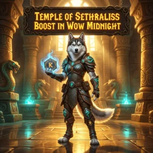 Promotional image for the Temple of Sethraliss Boost service in World of Warcraft: Midnight.