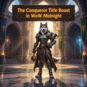 Promotional image for The Conqueror Title Boost service in WoW Midnight