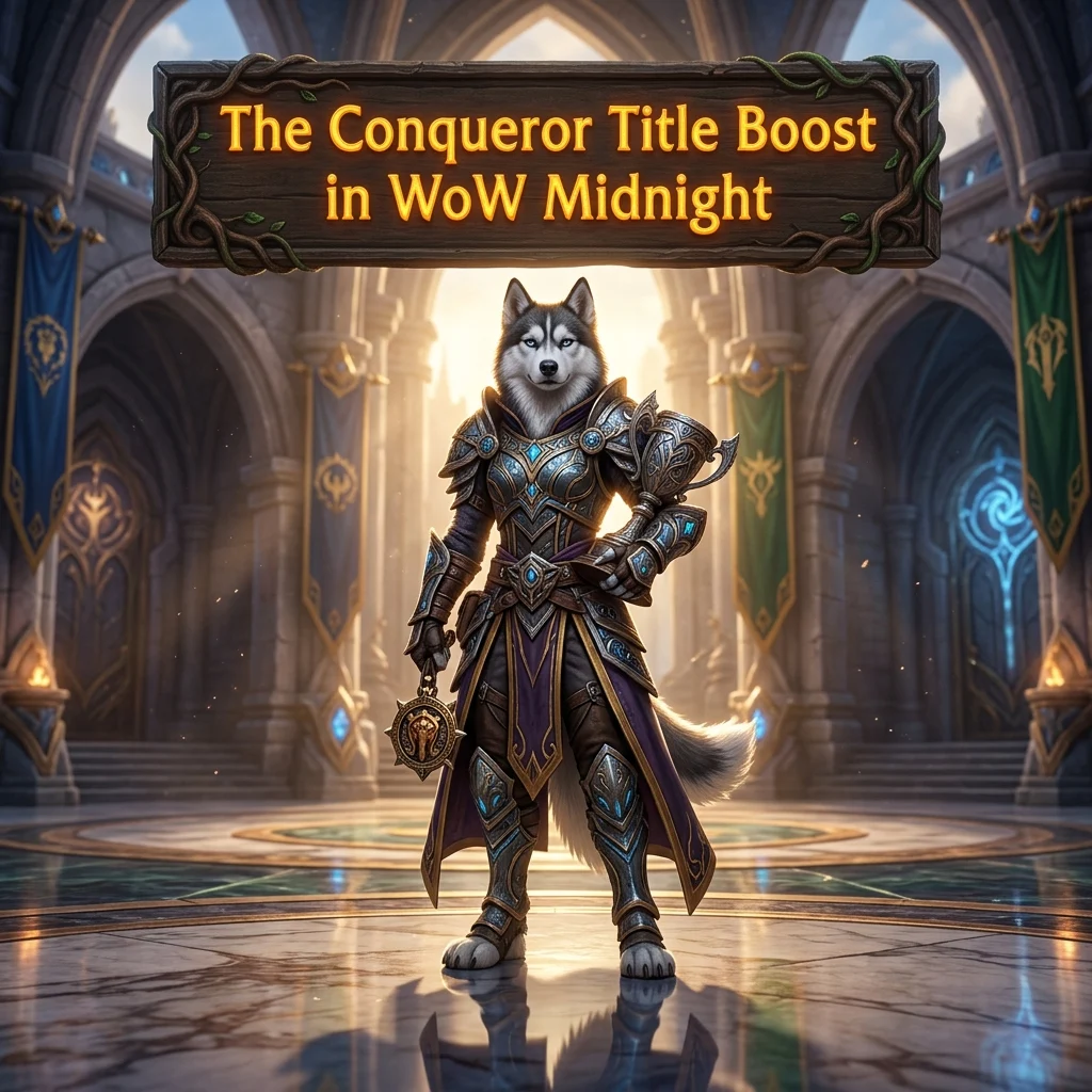 Promotional image for The Conqueror Title Boost service in WoW Midnight