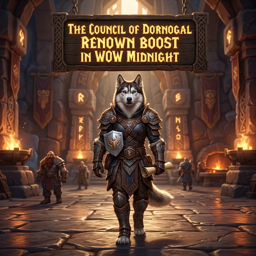 Promotional image for The Council of Dornogal Renown Boost in WoW Midnight, a service focused on Council of Dornogal Renown progression.