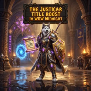 Promotional image for The Justicar Title Boost service in World of Warcraft: Midnight.