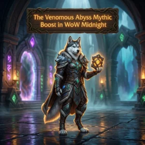Promotional image for The Venomous Abyss Mythic Boost in WoW Midnight, representing the named Mythic boost service.
