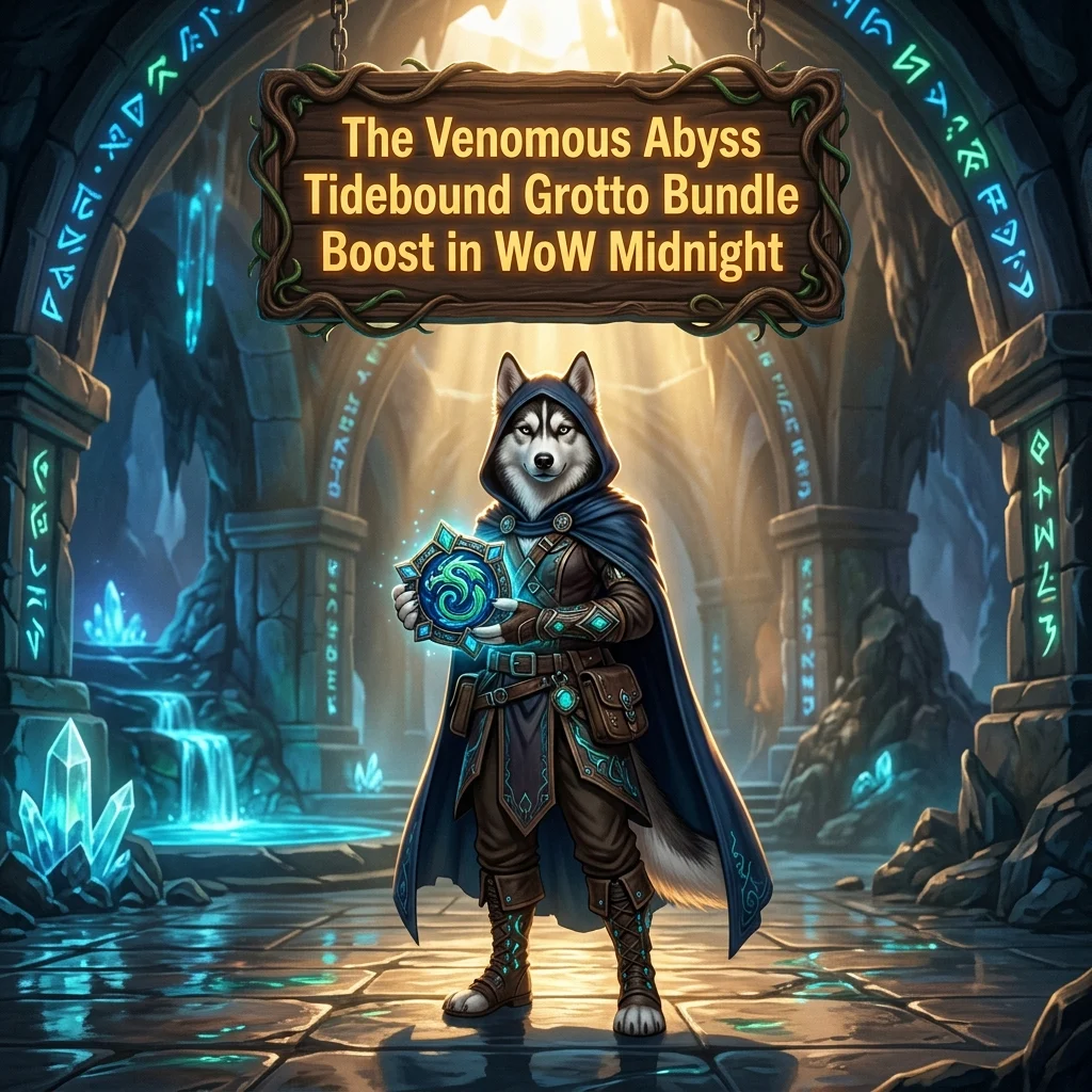 Promotional image for The Venomous Abyss Tidebound Grotto Bundle Boost service in World of Warcraft: Midnight.