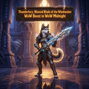 Promotional image for the Thunderfury, Blessed Blade of the Windseeker WoW Boost in WoW Midnight service.