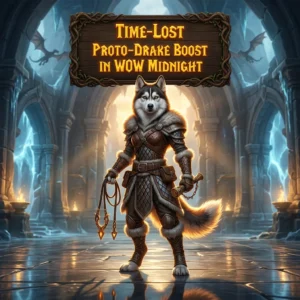 Promotional image for the Time-Lost Proto-Drake Boost service in WoW Midnight.