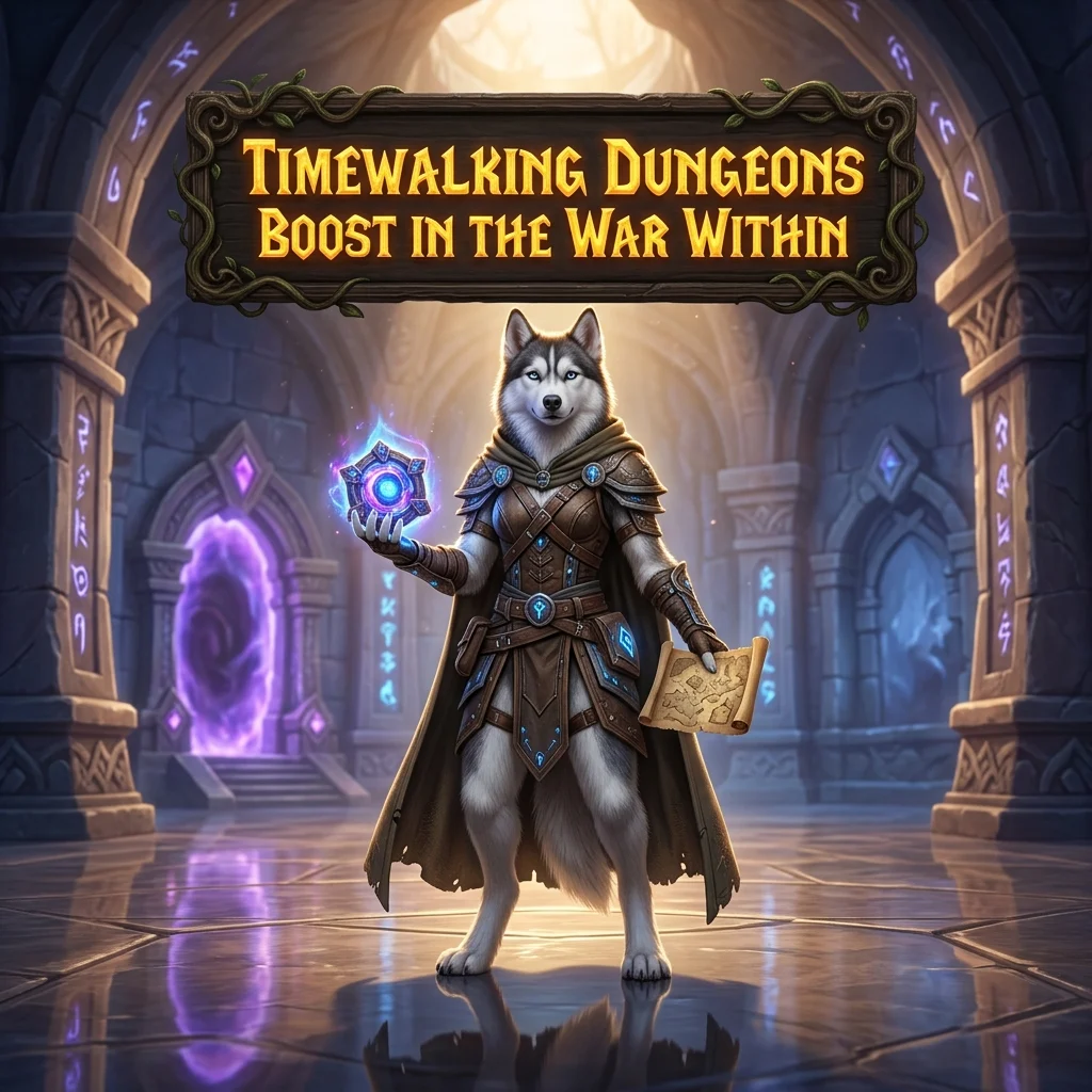 Promotional image for the Timewalking Dungeons Boost service in The War Within.