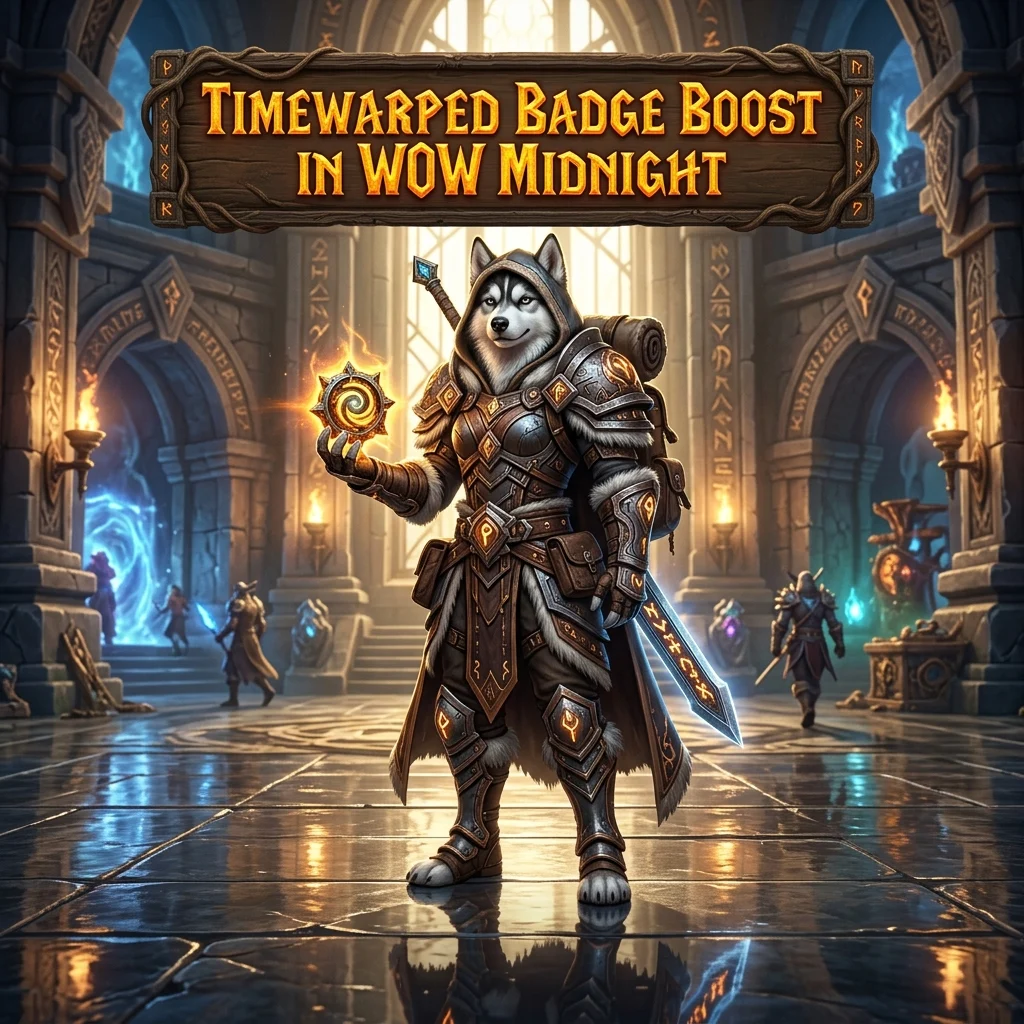 Promotional image for the Timewarped Badge Boost service in World of Warcraft: Midnight
