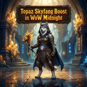 Promotional image for the Topaz Skyfang Boost service in WoW Midnight.