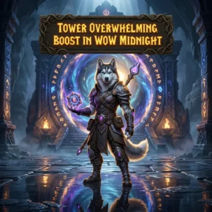 Promotional image representing the Tower Overwhelming Boost service in WoW Midnight.