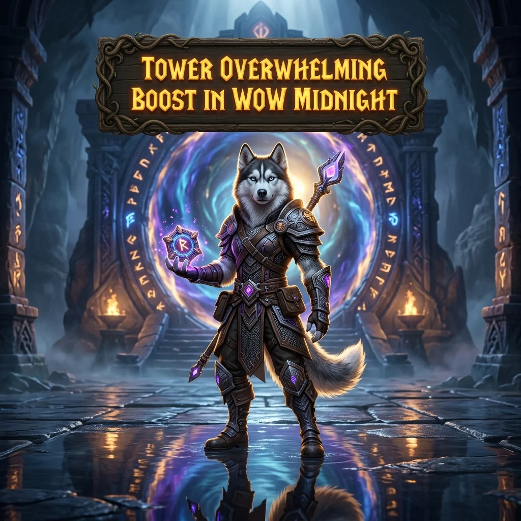Promotional image representing the Tower Overwhelming Boost service in WoW Midnight.