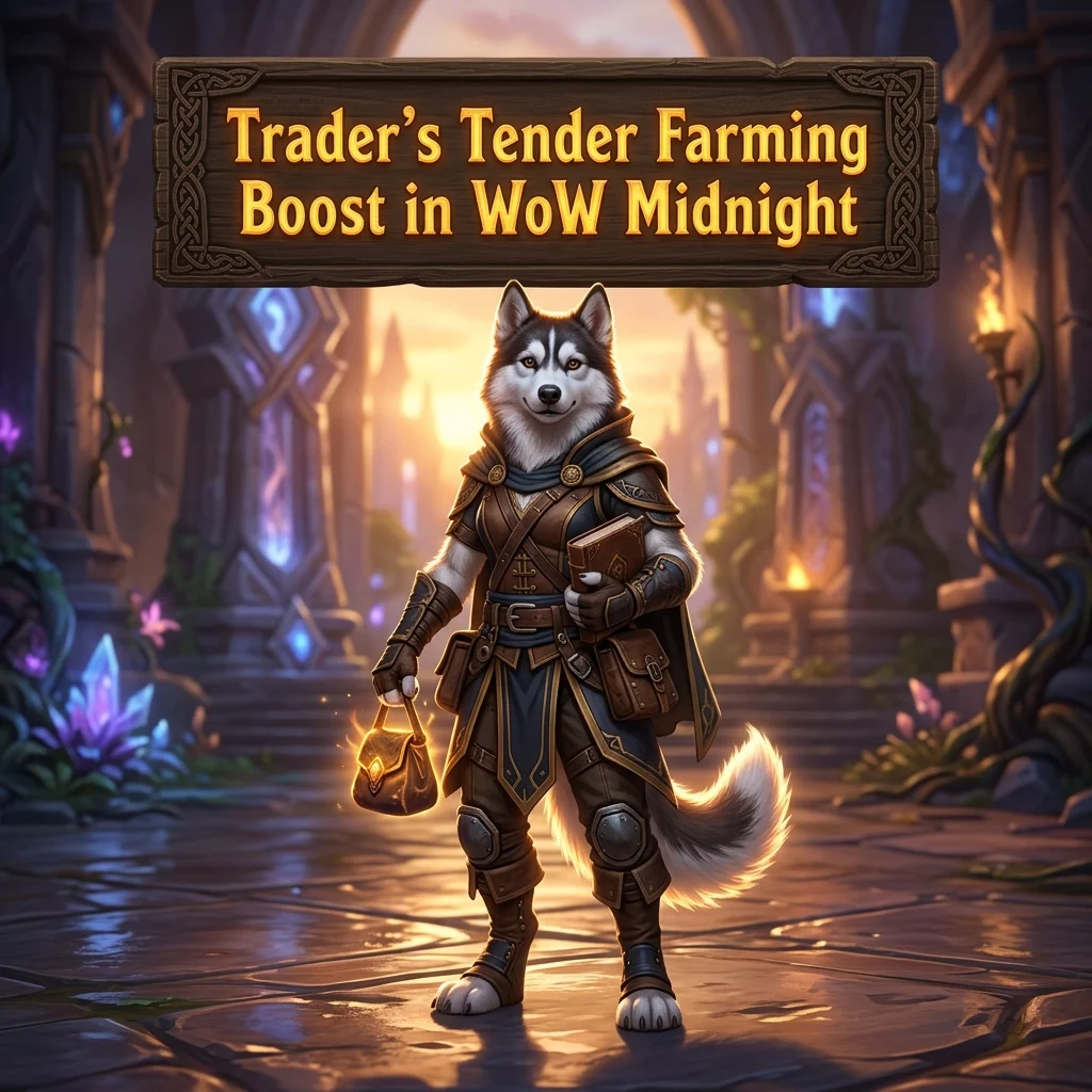 Promotional image for a Trader’s Tender Farming Boost service in World of Warcraft: Midnight.