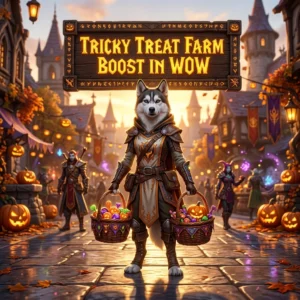 Promotional image for the Tricky Treat Farm Boost in WoW service, focused on Tricky Treat farming.