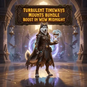 Promotional image representing the Turbulent Timeways Mounts Bundle Boost in WoW Midnight.