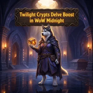 Promotional image for the Twilight Crypts Delve Boost service in World of Warcraft: Midnight