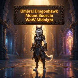 Promotional image for the Umbral Dragonhawk Mount Boost service in World of Warcraft: Midnight.