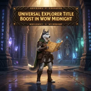 Promotional image for the Universal Explorer Title Boost service in WoW Midnight
