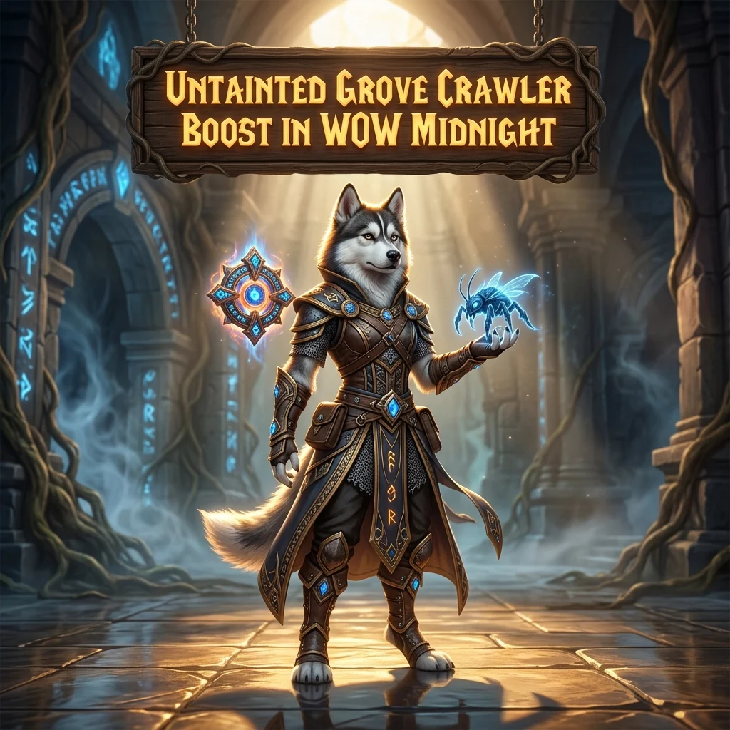 Promotional image for the Untainted Grove Crawler Boost service in WoW Midnight.