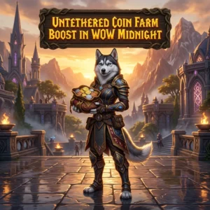 Promotional image for the Untethered Coin Farm Boost service in World of Warcraft: Midnight.