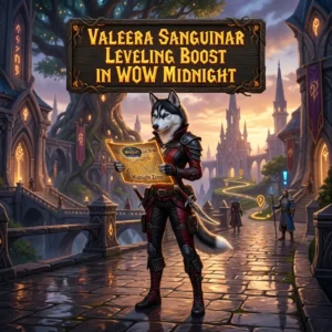 Promotional image for Valeera Sanguinar Leveling Boost in WoW Midnight, a service focused on leveling Valeera Sanguinar.