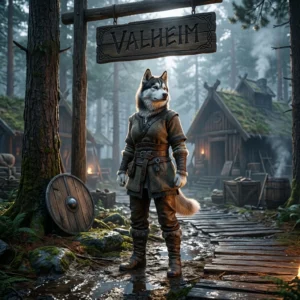 Square promotional artwork for Valheim boosting services featuring a Husky mascot in a game-inspired setting.