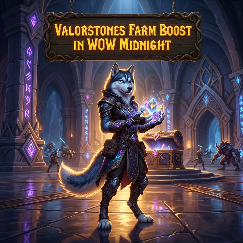 Promotional image for Valorstones Farm Boost in WoW Midnight, representing a service focused on farming Valorstones in World of Warcraft: Midnight.