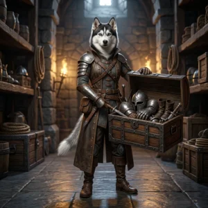 Fantaasiamängu teemaline illustratsioon varustuskastide juhendile mängus WoW Forever, ilma loetava teksti ja märkideta.