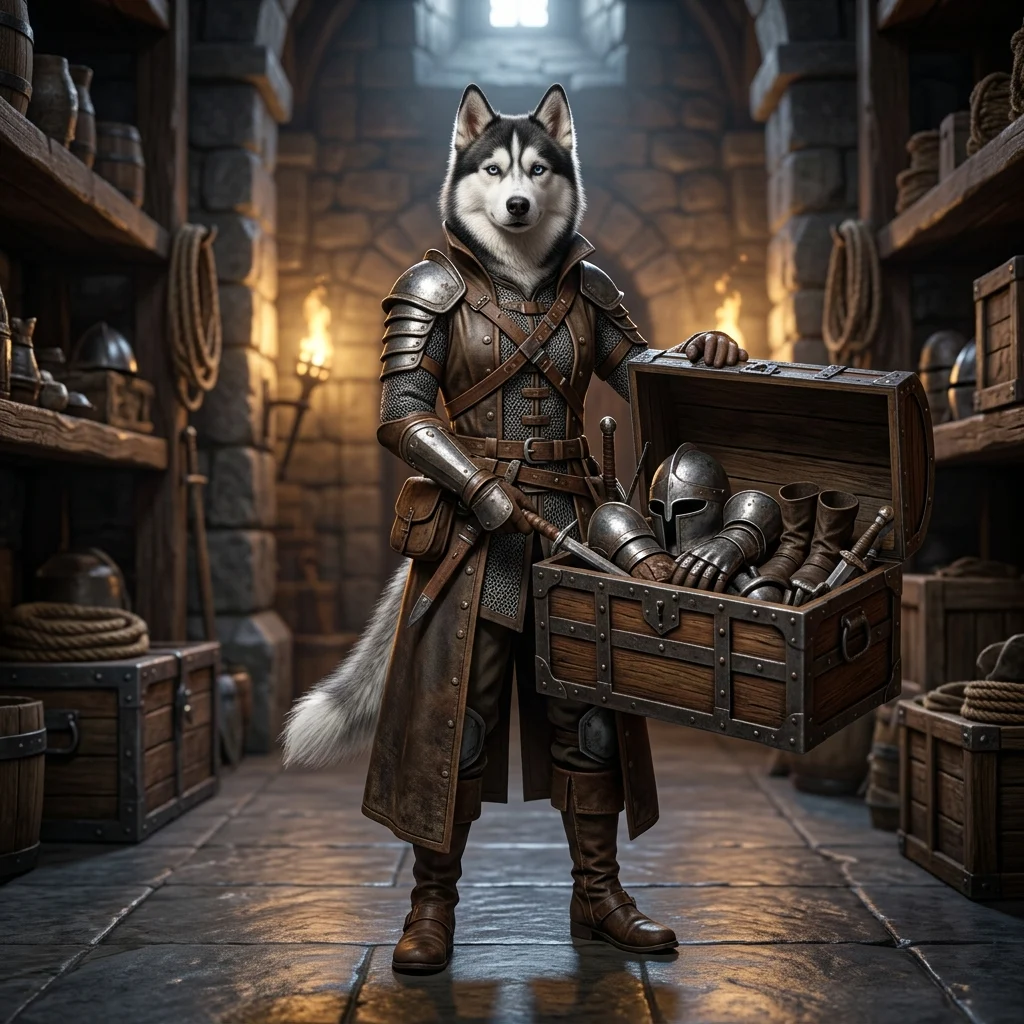 Fantaasiamängu teemaline illustratsioon varustuskastide juhendile mängus WoW Forever, ilma loetava teksti ja märkideta.