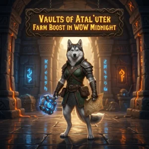 Promotional image for the Vaults of Atal’Utek Farm Boost service in WoW Midnight.