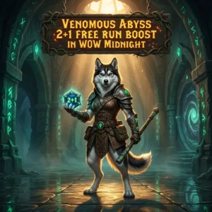 Promotional image for the Venomous Abyss 2+1 Free Run Boost service in WoW Midnight.