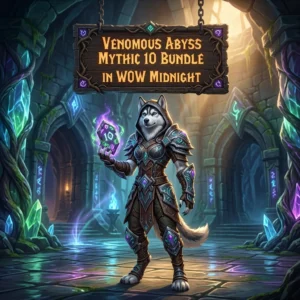 Promotional image for the Venomous Abyss Mythic 10 Bundle Boost service in World of Warcraft: Midnight.
