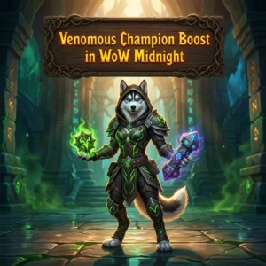 Promotional image for the Venomous Champion Boost service in WoW Midnight