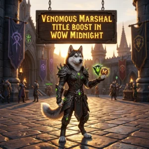 Promotional image for the Venomous Marshal Title Boost service in WoW Midnight.