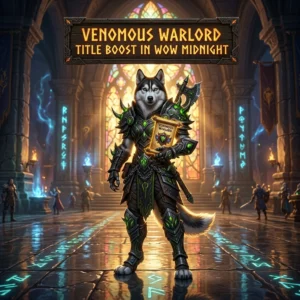 Promotional image representing the Venomous Warlord Title Boost service in WoW Midnight.