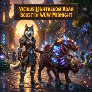 Promotional image for the Vicious Lightbloom Boar Boost service in WoW Midnight