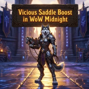 Promotional image representing the Vicious Saddle Boost service in World of Warcraft: Midnight