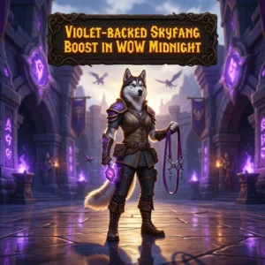 Promotional image for the Violet-Backed Skyfang Boost service in WoW Midnight.