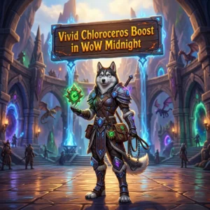 Promotional image for the Vivid Chloroceros Boost service in WoW Midnight