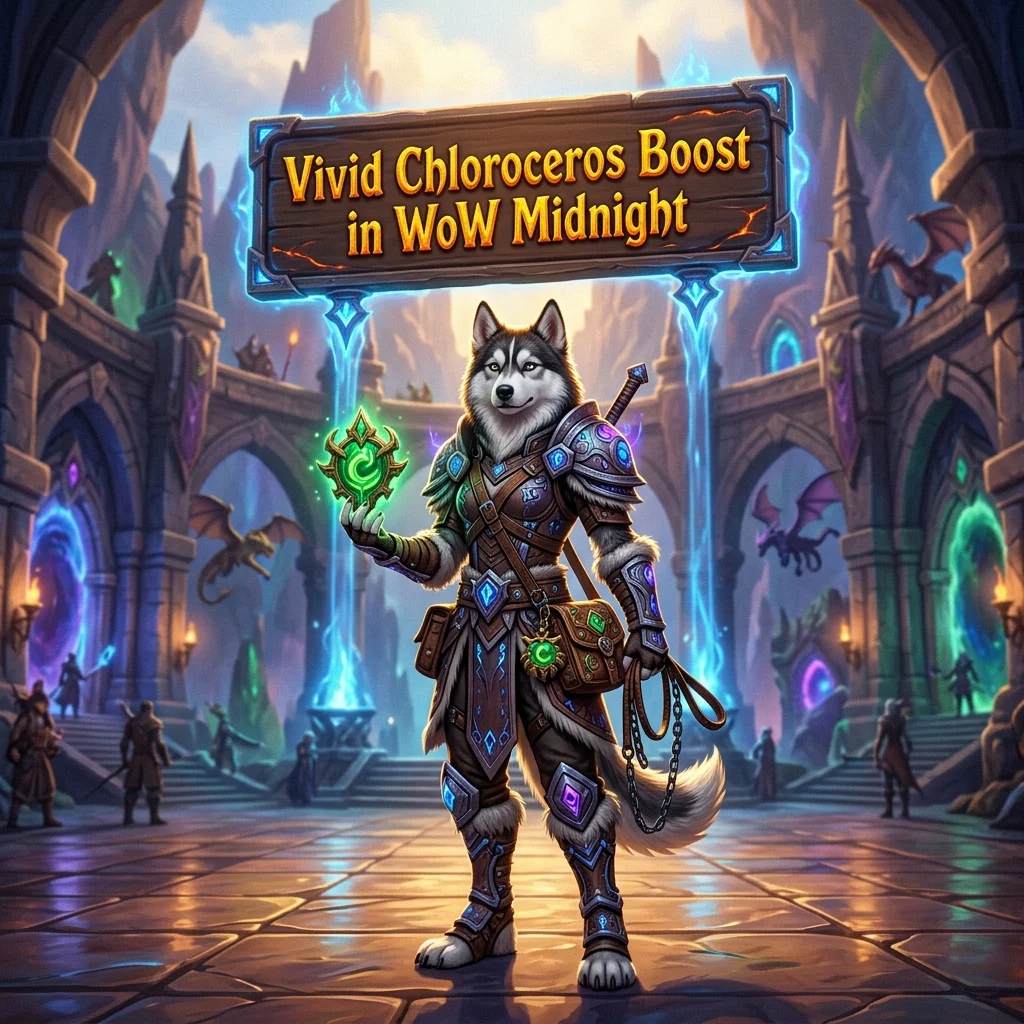 Promotional image for the Vivid Chloroceros Boost service in WoW Midnight