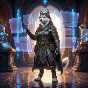 Ilustracija fantazijske računalniške igre z uporabniškim vmesnikom, namenjenim preglednejši uporabi in prilagajanju nastavitev.