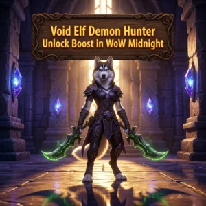 Promotional image for the Void Elf Demon Hunter Unlock Boost in WoW Midnight, representing the service for unlocking a Void Elf Demon Hunter.