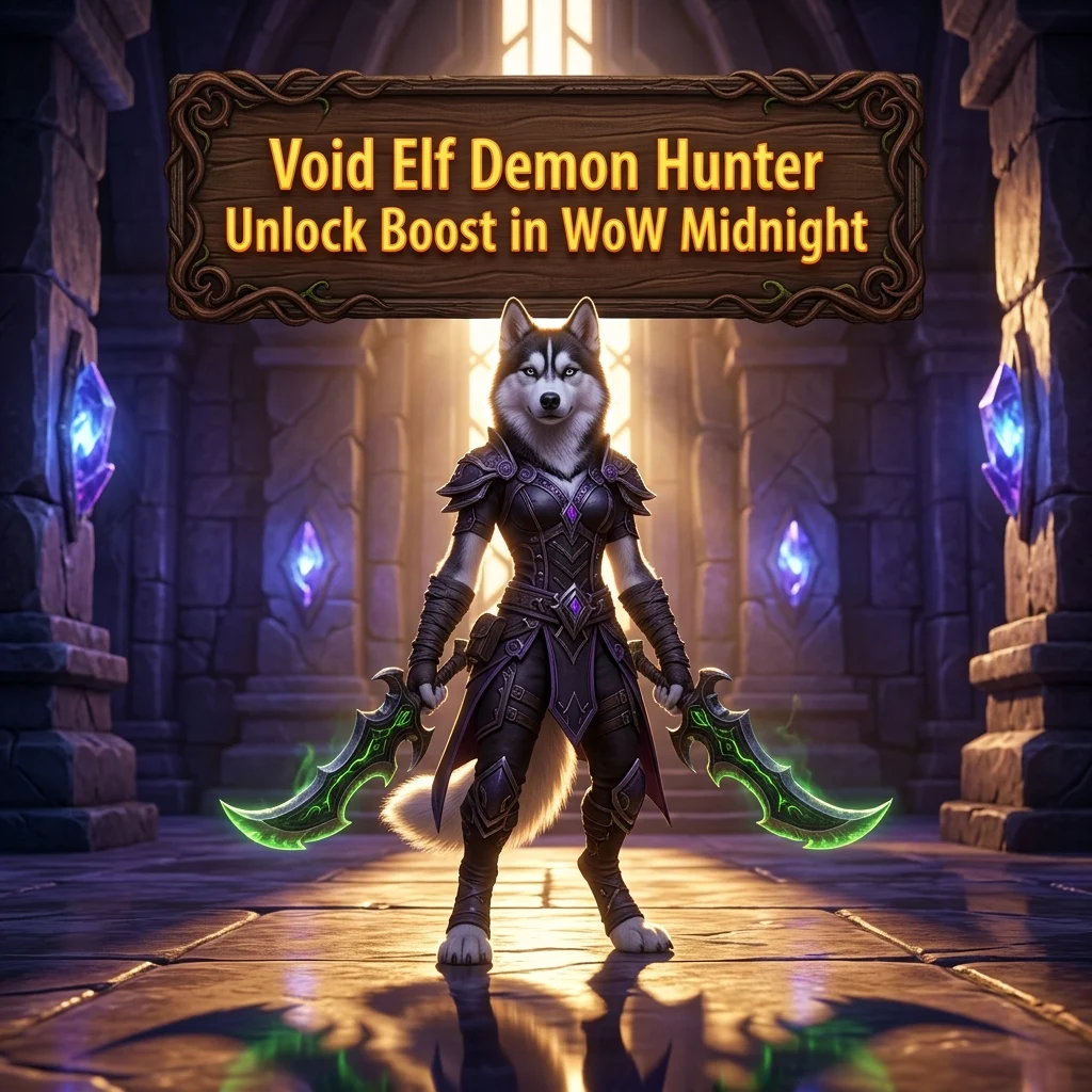 Promotional image for the Void Elf Demon Hunter Unlock Boost in WoW Midnight, representing the service for unlocking a Void Elf Demon Hunter.