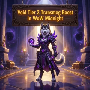 Promotional image for the Void Tier 2 Transmog Boost service in WoW Midnight.