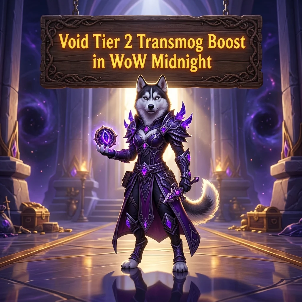 Promotional image for the Void Tier 2 Transmog Boost service in WoW Midnight.