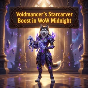 Promotional image for the Voidmancer’s Starcarver Boost service in WoW Midnight.