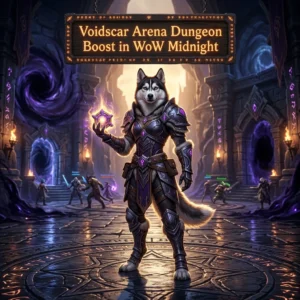 Promotional image for the Voidscar Arena Dungeon Boost service in WoW Midnight.