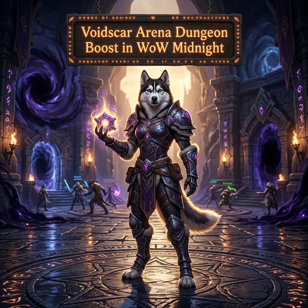 Promotional image for the Voidscar Arena Dungeon Boost service in WoW Midnight.
