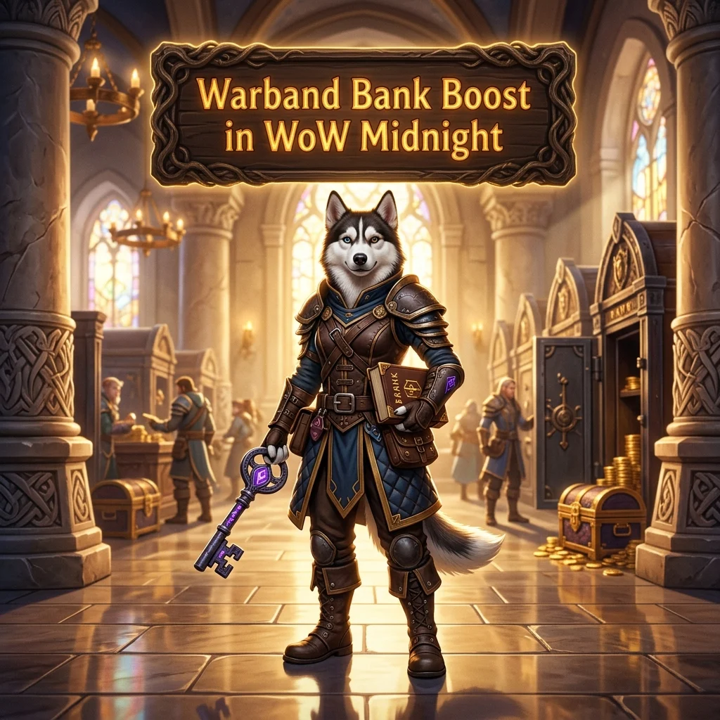 Promotional image representing the Warband Bank Boost service for WoW Midnight.